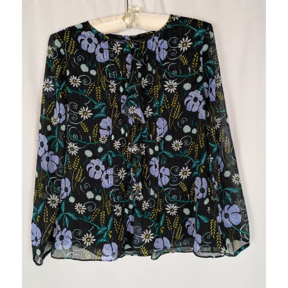 Banana Republic Blouse XS Women's Black Floral Ruffle Shimmer Long Sleeve Pleat
